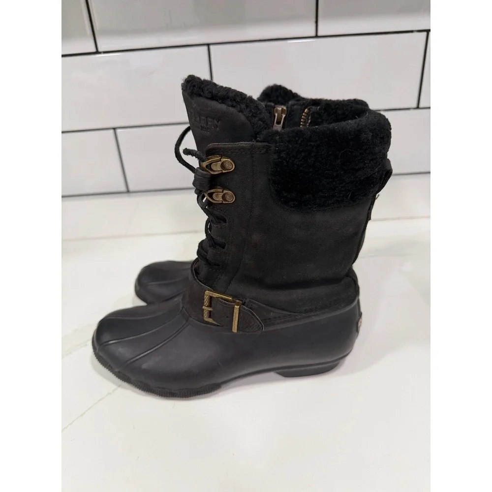 Sperry Saltwater Black‎ Leather Duck Boots 3M Thinsulate Fur Trim Womens 8